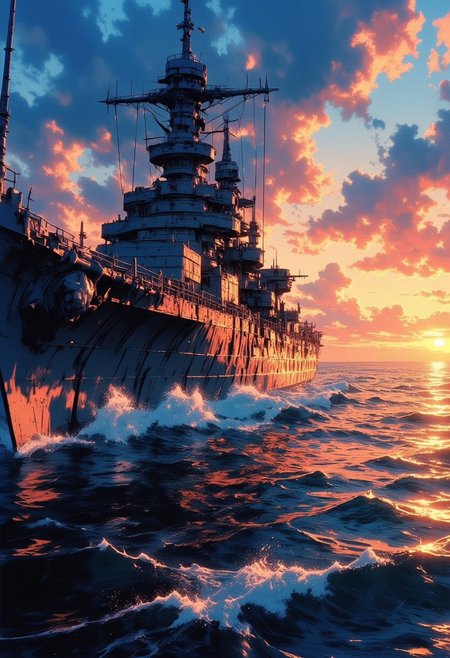 battleship yamato, orange sunset, rough seas attack planes