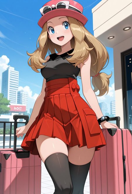 masterpiece, best quality, amazing quality, 1girl, zzSerena, solo, long hair, blue eyes, eyewear on headwear, pink headwear, eyelashes, sleeveless shirt, black shirt, bracelet, high-waist skirt, red skirt, black thighhighs, outside hotel, luggage case, happy, blue sky