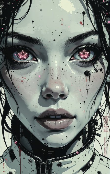 <lora:ck-nc-pastel-cyberpunk:0.9>, A digital artwork in the style of cknc, monocrome sketch, close up face shot of a white pale ceramic wabi-sabi cyberpunk (woman:0.6) looking mysteriously at the viewer, direct eye contact. holographic reflections of a (pentagram) in their eyes. <lora:Luminous_Shadowscape:0.35>