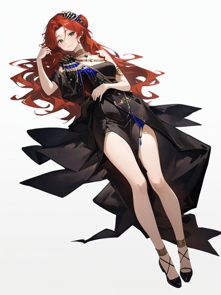 1girl,closed mouth,looking at viewer,sophia\\(reverse:1999\\),smile,hair bun,sophia\(manus vindictae\)\(reverse:1999\),,simple background,white background,black dress,long hair,full body,on back, <lora:sophia-000012:0.8>, masterpiece, best quality, very aesthetic, absurdres