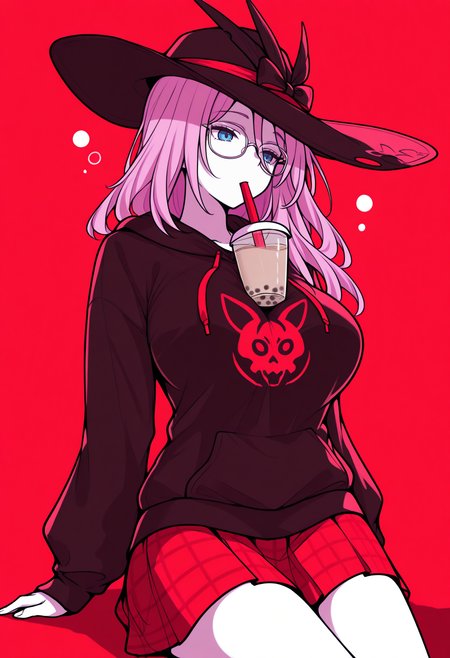 masterpiece, best quality, 1girl solo, ChaJdHSR, blue eyes, pink hair, long hair, black hat, plaid skirt, hoodie, red theme, dark theme, limited color palette, lineart, cowboy shot, bubble tea challenge, glasses, game controller, sitting, large breasts,  <lora:ChamJadeHSRIllustriousXL:1>