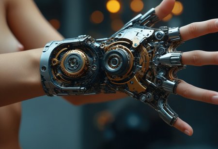 masterpiece, best quality, ultra-detailed, intricate mechanical components, focus on a sexy female arm, highly detailed illustration of the arm and hand, ((solo arm and hand)), isolated view, futuristic design, hand focus, (8k uhd:1,4)