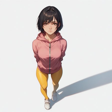 score_9, score_8_up, score_7_up, score_6_up, masterpiece, best quality, Sabr1nA, BREAK 1girl, solo, open eyes, brown eyes, medium breasts, black hair, bob haircut, short pink hoodie with hood and zipper, thin, yellow leggings, white sneakers, looking at the viewer, top view, high angle, hands behind back, full body, standing, simple background, white background, masterpiece, best quality