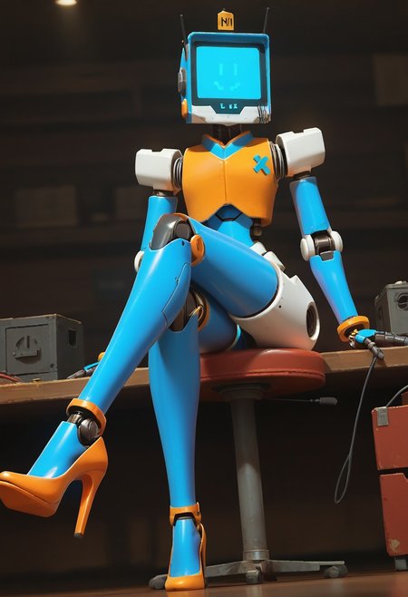 score_9, score_8_up, score_7_up, robot,  female pixel face, digital face, robot body, robot workshop, scifi, angular body, source_cartoon, analog, low-tech robot, cheap, mismatched, sitting, crossed legs, from below, high heels, screenface, seductive