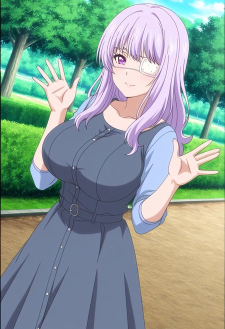 general,highres, ultra-detailed,very aesthetic,best quality ,best hands,best eyes,easynegative,
dynamic anglre, dutch angle, anime cloring,anime screencap,
1girl solo,looking at viewer,park,waving hand,smile,
Mei Hanamizuki,light purple hair, long_hair, purple eyes, huge_breasts, eyepatch,dress,