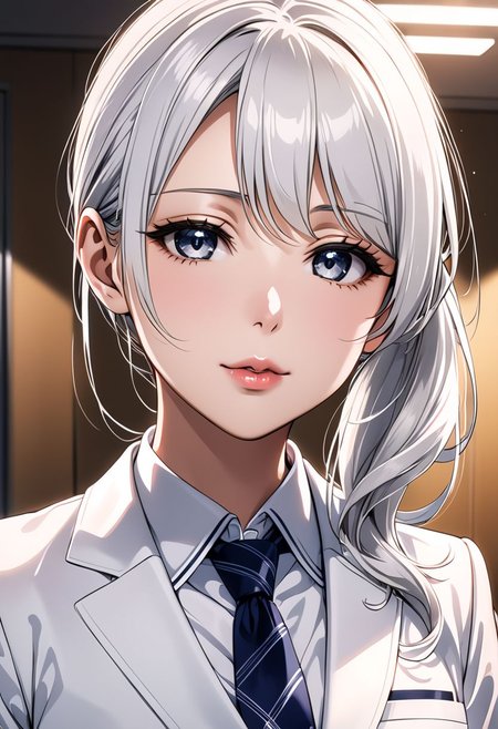 (anime, masterpiece, intricate:1.3), (best quality, hires textures, high detail:1.2), (4k),(incredibly detailed:1.4), perfect anatomy, correct sense of scale, side lighting, shiny skin, grey eyes, flat chest, constricted waist, lips, Sexy mouth, high pointed nose, (nostrils:1.3), neatly drawn nose, adult, beautiful fingers, beautiful white skin, Beautiful clear skin, whole body, white school uniform, school white uniform, cute girl,  white hair, side ponytail, gorgeous lips, grey eyes, shiny skin, office lady, white suit, tie