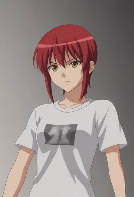 source_anime, anime screencap, source_anime, auratheguillotine, anime screencap, masterpiece, source_anime, shiny skin,,,,,,black t-shirt,1girl, solo, rza, red hair, yellow eyes,
