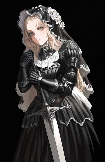 1girl, solo, long_hair, looking_at_viewer, blonde_hair, dress, holding, green_eyes, flower, weapon, sword, black_dress, armor, black_background, gauntlets, bonnet