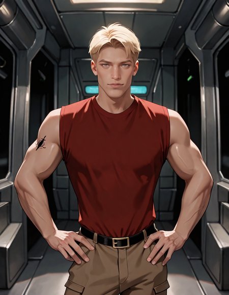 masterpiece, best quality, newest, perfect quality, best quality, detailed background, intricate details, male focus, realistic, <lora:Titan AE - Cale Tucker - Illustrious-000007:0.7>, titan_cale, 1boy, mature male, blonde hair, very short hair, hazel eyes, arm tattoo, sleeveless red shirt, spacecraft interior, belt, brown pants, standing, upper body, looking at viewer, contrapposto, muscular, hands on hips