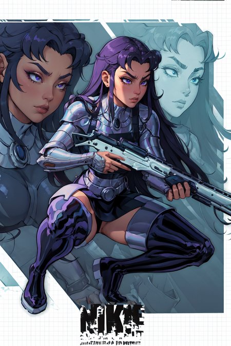 (masterpiece, best quality, absurdres, 4k, aesthetic, detailed, intricate, perfect lighting), IncrsNikkeProfile,1girl,furrowed brow,blackfire,long hair, vambraces, armored, thigh boots,full body, zoom layer, holding weapon, holding gun, one knee <lora:DC_Blackfire-DEF:0.8> <lora:NikkeProfile:1>