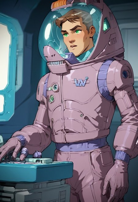 zPDXL2, score_9, score_8_up, score_7_up, 1boy, timscam_ts!, brown hair, short hair, green eyes, spacesuit, helmet, science fiction, spaceship interior, cockpit, control, buttons