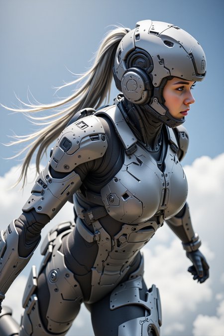 female heavy assault paratrooper in mech exosuit with reinforced drop boots, full-body armor with gravity stabilizers, chestplate shaped to reinforce natural form, jet systems on shoulders and hips, dynamic scene mid-skyfall above battlefield, cyberhelmet with long silver hair trailing like ribbons, photoreal quality with cinematic color grading, [high realism, motion blur, depth of field, intricate materials, 8k render]











ftlas-mk.1