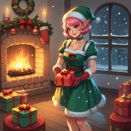 score_9, score_8_up, score_7_up, score_6_up, score_5_up, score_4_up, zPDXL2,source_anime,rating_questionable,indoors, fireplace, cozy, smile,   <lora:Christmas_Elf:0.7>  3lf, pointy ears, gift box, short hair, christmas, pink hair, hat, dress, choker, snowing, gloves, snow, elf, holding