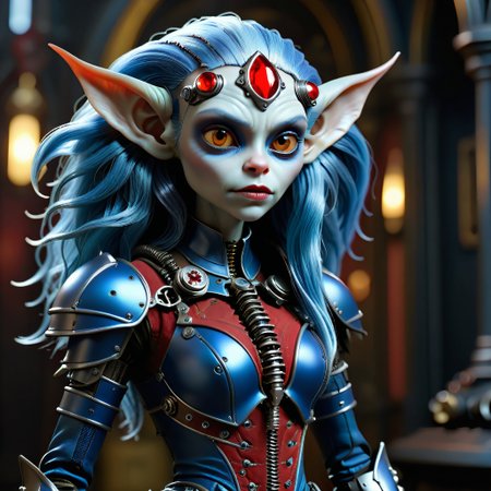 masterpiece, intricate photo of chritmas female mechanical alien android gremlin in knight armor, long blue hair, vampire clothing, nosferatu dress, cyberpunk style, steampunk style, gothic art, red blue dress, hyper realistic, highly detailed, sharp focus, best quality, 8K