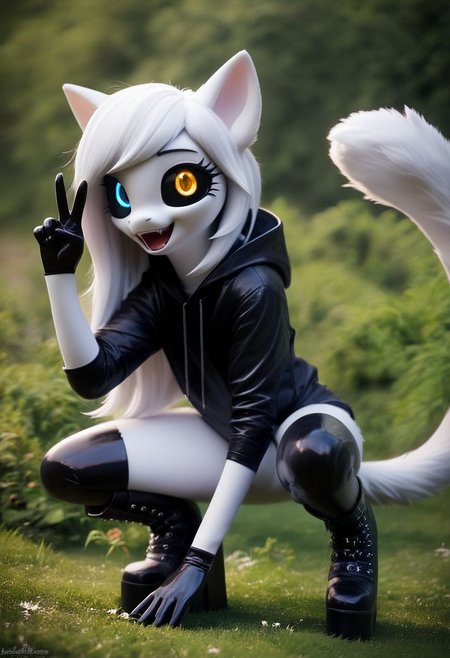 score_9, score_8_up, score_7_up, source_furry, <lora:Odd-eyed cat girl_051_pony:0.8> Odd-eyed cat girl, open_mouth, black latex hoodie ,  latex gloves, making peace sign, shiny latex, (platform sneaker boots:1.1), colored sclera, white hair, long hair, heterochromia, black sclera, medium breasts,Furry, squatting down on the grass, severe tail, happy, Butterfly, Cool colors, depth of field, detailed background, photo, photo, photo, Photography   <lora:photo_003:0.7>