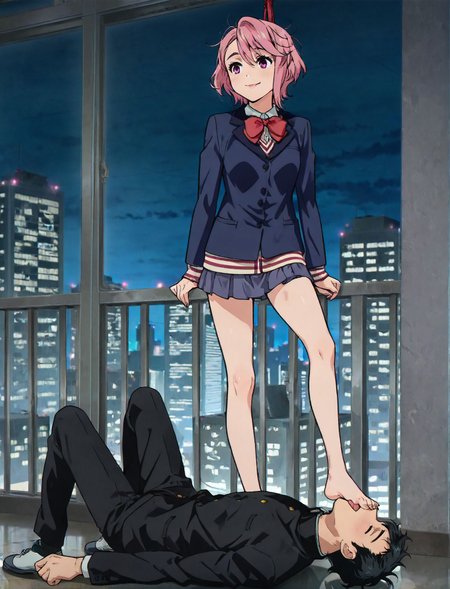 masterpiece,best quality,amazing quality,very aesthetic,absurdres,newest, huge filesize, anime screenshot,  volumetric lighting,
<lora:spo_sdxl_10ep_4k-data_lora_webui:0.5>,
 clear image, anime screencap, hetero, femdom, forced sucking foot, cityscape, bdsm, foot fetish, 1girl (KJOburnice skinny, dominant female, looks at him), BREAK 1guy (submissive male)
<lora:Forced_Sucking_Foot-000012:1>
BREAK
<lora:AiraShiratori-IL-v1-07:0.7>, ChopioAira, short hair, pink hair, swept bangs, hair between eyes, lips, pink eyes,small breasts, narrow waist, outfit_1, blazer, blue jacket, collared shirt, red bowtie, long sleeves, pleated skirt, blue skirt, miniskirt,
BREAK
foot in mouth,lying, facing up,foot on face, stepped on, 
 ken takakura, short hair, messy hair, black hair,school uniform, gakuran, long sleeves, black pants,shy,  <lora:ken_takakura_anime_v2-soralz:0.7>
closed eyes male, happy, tongue out,