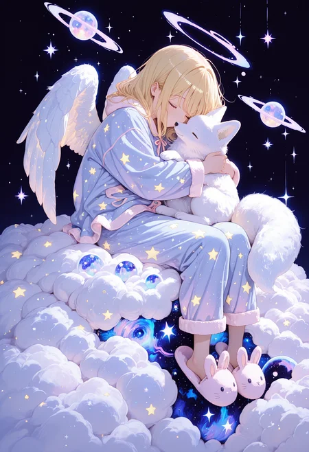 IllusP0s, momosp, galaxy, 1girl, pajamas, star print, bunny slippers, small angel wings, holding animal, fluffy white fox, animal hug, cuddling, glowing, sitting on cloud,  <lora:MomoSweetSpaceILL:1> <lora:Smooth_Booster_v2:1>