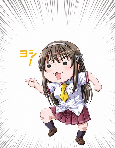 masterpiece, best quality, amazing quality, official art, ultra highres, intricate,
1girl, solo, hayashima_tsubaki, long hair, brown hair, hair ribbon, hairband, solid circle eyes, 
school uniform, yellow necktie, untucked shirt, pleated skirt BREAK  
genba_neko,(chibi:1.3),pointing,standing on one leg,:3,open mouth,meme,parody, simple background, white background, emphasis lines, full body <lora:genba_neko_like_IL_v1:1>
<lora:hayashima tsubaki v1.0-000008:1>