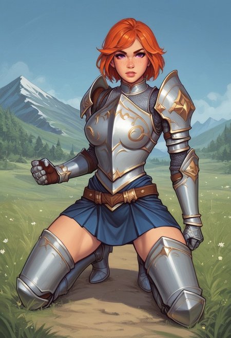 portrait, (adult woman), (1girl, company of heroes), (looking at viewer), ((knight, armor, skirt)), freckles, (orange hair, medium hair), (purple eyes), (best quality, high detail), ((masterpiece)), ((ready to fight, holdind big gladius in hands)), <lora:1_ino_20e:1>
BREAK 
((field, mountains)) score_9, score_8_up, score_7_up, score_6_up, source_cartoon, rating_explicit, Expressiveh, (((((full body))))), dynamic pose