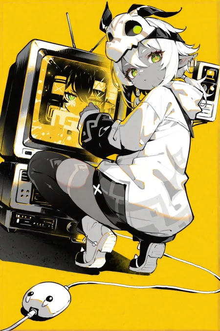 masterpiece,best quality,good quality,very awa,very aesthetic,absurdres,newest,solo,jitome,big eyes,looking at viewer,simple background,1girl,squat,1girl squat on old monitors,full body,monochrome,looking back,yellow background,colored sclera,CRT,computer mouse,female focus,yellow theme,Head tilt,Background Segmentation,Dutch Angle,<lora:ponyv6_noobV1_2_adamW-000017:0.8>,<lora:USNR_STYLE_XL_lokr:0.45>,<lora:mengxuanliart:0.65>,
<lora:Iansan-noob-Tanger-000014:0.8>,
Iansan \(genshin impact\),skull mask on head,single thighhigh,1girl,green eyes,pointy ears,dark skin,