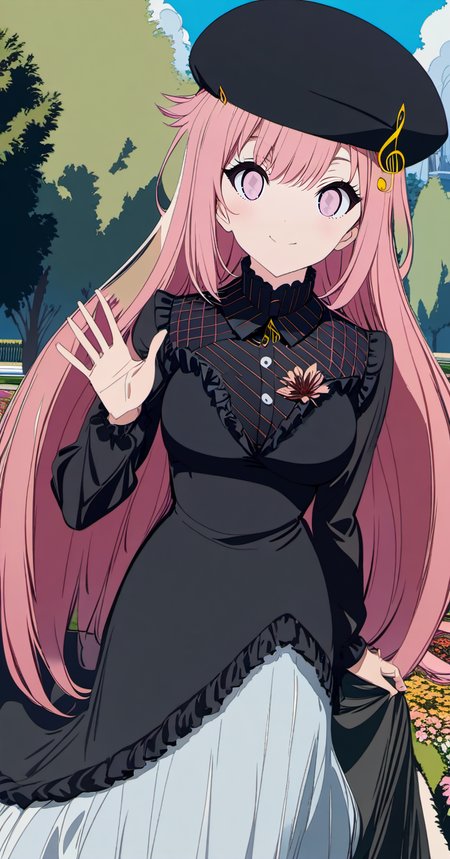 cogecha,priscadys,mainoutfit,1girl, solo,((cowboy shot)),pink hair, ((pink eyes)), long hair, breasts,, bangs, medium breasts, very long hair, closed mouth, <loractl:priscadys_v1_33:.8,0@.6> , hair flaps, breasts,looking at viewer, blush,smile,black headwear, beret,treble clef, dress,long sleeves,black sleeves,shirt,black shirt,((black_dress)) ,long_dress,striped,musical note, frills,frilled dress, skirt,white_skirt,outdoors,garden, flower,trees,blue sky, clouds,day,((lower body)), waving, hand up, feet out of frame, large breasts, black footwear, long skirt,  <lora:ç¦è¶_XL:1>