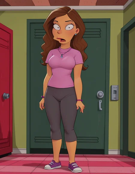 livingroom, looking at viewer, surprised, 
best quality, highres, score_9, score_8_up, score_7_up, score_6_up,   <lora:Isabel_Gutierrez_-_The_Simpsons_-_Character_r1:1> isabelgutierrez_simpsons, 1girl, solo, yellow skin, brown hair, long hair, necklace, earrings, lavendar shirt, grey pants, capri pants, purple shoes, purple bracelet, aged up, breasts, <lora:JMoxComix_style-12:1> JmoxComic,,