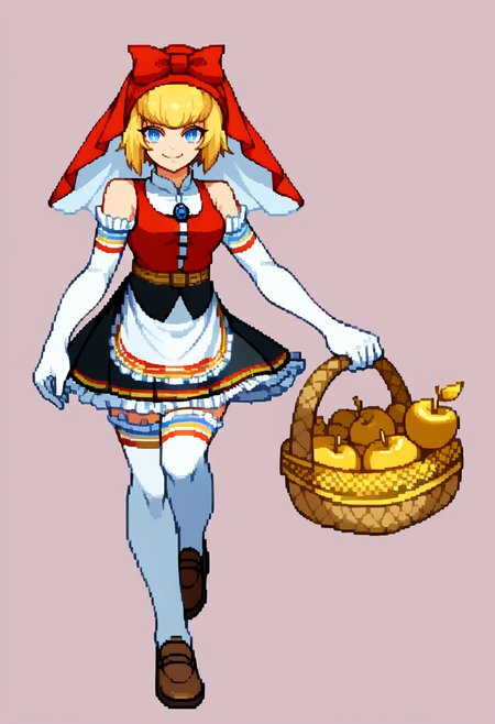 score_9, score_8_up, score_7_up, source_anime BREAK solo, 1girl,  <lora:CPS2-pdxl_Fp:1>, full body, simple background, looking at viewer, pixel art, <lora:Idun-pdxl-DoRA_Fp:1>, idunnsmt, short hair, blonde hair, blue eyes, veil, red bow, red dress, vest, frilled skirt, white gloves, elbow gloves, white thighhighs, smile, bare shoulders, miniskirt, black skirt, basket, golden apple, smile, looking at viewer,