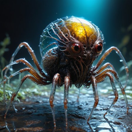 bioengineered spider creature, many legs, spindly legs, lots of eyes, (transparency:1.4), (detailed cybernetic implants fused with organic matter), full body, (with intensely vibrant swirling colors:1.3), realistic photo,  artialien