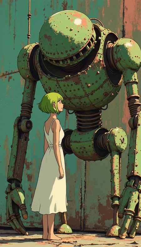 ghiblistyle,Anime style, A hyperrealistic depiction of a young woman with vibrant green hair, styled in a voluminous bob, interacting with a towering, weathered robot against a distressed metallic backdrop. The woman, in a white sundress, stands in a three-quarter pose, her left hand delicately touching the robot's faceplate. Her stance exudes a sense of curiosity and affection. The robot, rendered in muted greens and greys, stands rigid, its design evocative of mid-20th-century industrial machinery. The image should capture a poignant juxtaposition of organic softness and mechanical rigidity, highlighting the unconventional connection between the two figures.  Emphasize the interplay of light and shadow, particularly the warm sunlight illuminating the woman and casting the robot in partial shade.  The backdrop should feature intricate details of rust, rivets, and peeling paint, further enhancing the retro-futuristic ambiance.