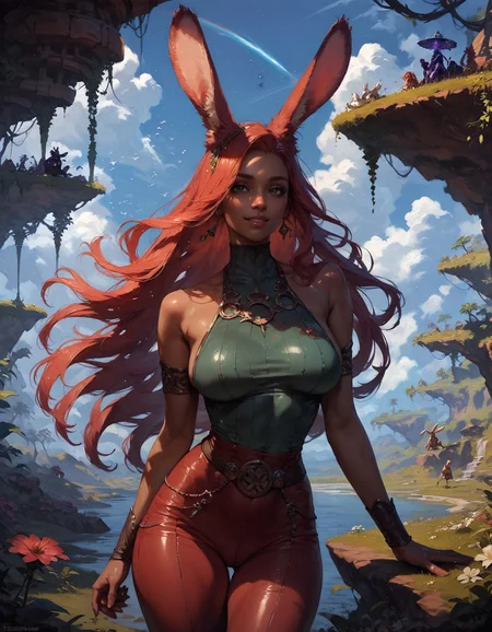 score_9, score_8_up, score_7_up,  1girl, sorceress, Viera, vran, bunny ears, in green grass, sunshine, summer day, perfect curves, comfortable, wearing green turtleneck, red hair, long hair, cosmic body, very cosmic hair, dark skin, shiny skin, plants, jungle flowers, red pants, smiling,  <lora:pony/twilight_style:0.8> realistic, <lora:pony/expressiveh:0.8> expressiveh,