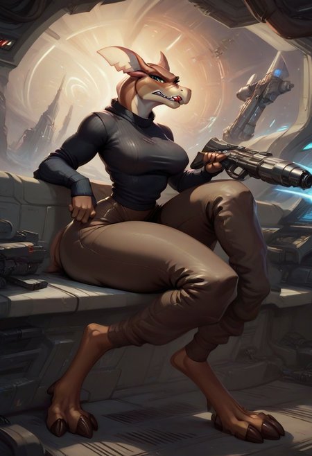 score_9, score_8_up, score_7_up, score_6_up, score_5_up, score_4_up, masterpiece,sexy girl, Stith_Titan_AE,  ((scifi,spaceship, gun turret, sitting at turret)), (((very detailed gun))), looking at viewer, seductive expression, black sweater, thick thighs,anthro,white skintight pants, jewelry, full body view, (determined), red tongue, pink makeup,side view, close up view,solo