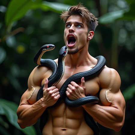 a distant zoomed out shot of a beautiful 18yo male scandanavian bodybuilder snake-swallower tarzan who is shirtless, he has a deep plunging neckline that shows his massive pecs and deep cleavage and his rippling abdominals, his arms are bare, his eyes are bright blue. A giant black scaleless snake with glossy skin is coiled around his body,, another snake is coiled around his arms, the snakes have glowing red eyes, the snakes are muscular, they are in a fjungle. full body shot, cover model looks, skin details, ultrarealistic, hyperdetailed photography, short brown hair in a messy style, vibrant lighting, bulging muscles, glossy tan muscles, serious expression, his waist is narrow, narrow hips, barefoot, bofth of the  man's arms are raised out to the side as he flexes his massive biceps, in a skimpy loincloth, the man's mouth is open wide as a snake crawls in, the man swallows the snake, the snake slithers into the man's mouth