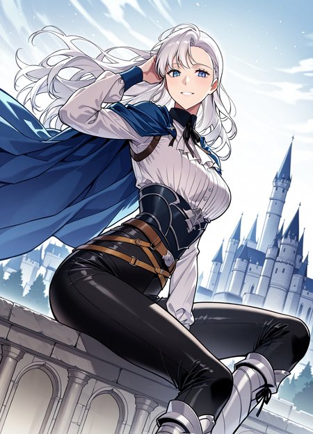 <lora:Artemis__The_Return_of_the_Disaster-Class_Hero__Illustrious:1>
1 girl, solo, blue eyes, long hair, white hair, breaid
belt, black pants, white shirt, blue cape, boots,  <lora:DetailedEyes_V3:1>
score_9, score_8_up, score_7_up, very aesthetic, source_anime, detailed, high quality, beautiful, masterpiece, detailed eyes, castle, village, blurry background, cityscape, pose dynamic angle, light smile, open mouth, hand on hair, sitting