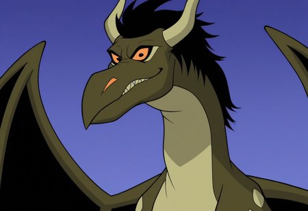 score_9, score_8_up, score_7_up, Expressiveh, masterpiece, best quality, highly detailed, realistic, 1girl, solo, (DragonMLF, furry, feral, scalie, dragon, dragon wings, horns, black hair, orange sclera, black eyes, dark-green body, dark-green scales, long tail), upper body, close-up, ((purple background, simple background), smile, looking at viewer, closed mouth, teeth,