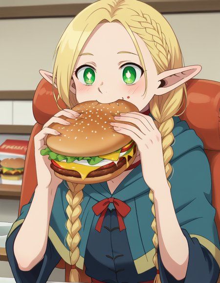 1girl, solo, <lora:marcille-donato-s1-ponyxl-lora-nochekaiser.safetensors:0.9>,  marcille donato, long hair, blonde hair, green eyes, braid, pointy ears, twin braids, elf, bright pupils, happy, parted bangs, choker, robe, red choker, mcdonald's restaurant background, <lora:_sdxl-dokaguiburger-pony.safetensors:0.8>, dokaguiburger, eating gurger, holdinf burger, french fries