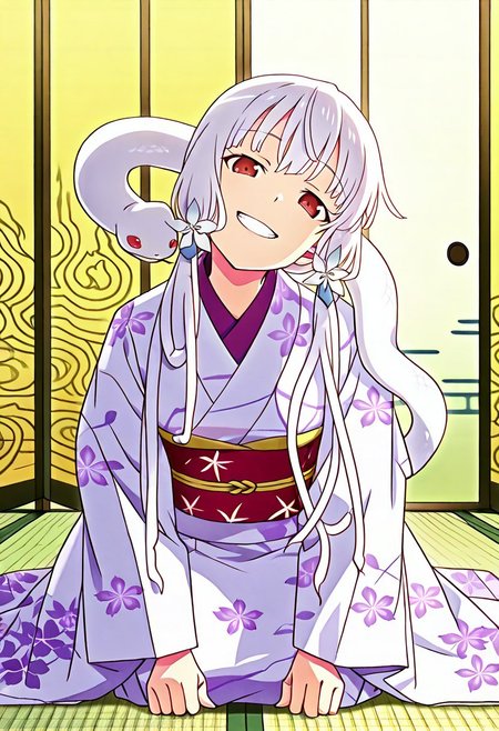 Smooth Quality - Illustrious, sfw,
anime, illustration, nadeko, red eyes,long hair,white hair,snake hair,albino, 
<lora:NSFWFilter_illusXL_Incrs_v1:-1>
<lora:Snake_on_Shoulders:0.8> sn4k3, snake on shoulders, large snake, white snake,
1girl, solo,
japanese clothes, white kimono, furisode, floral print, 
looking at viewer, head tilt, beautiful smile, grin,
golden folding screen, zabuton, tatami,