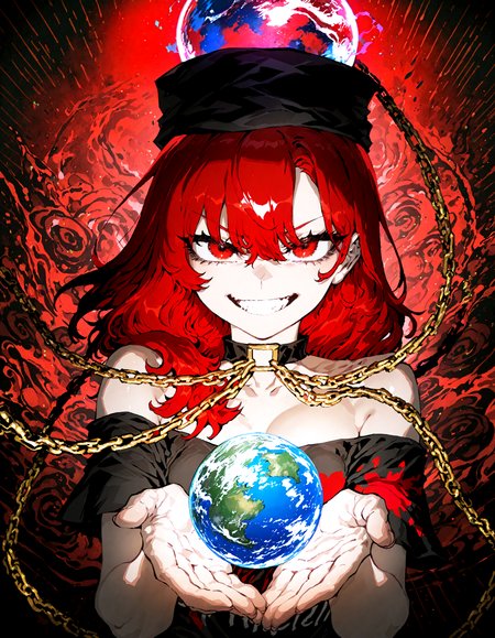 1girl, solo,  hecatia_lapislazuli , soft lighting, grin , looking at viewer, pov,chain, choker,  earth_(ornament) , hair_between_eyes, hat, moon_(ornament) ,  teeth, underworld_(ornament) , v-shaped_eyebrows, incoming attack, 
, ssambatea, quasarcake, Fishine,optical illusion,
masterpiece, best quality, amazing quality, very aesthetic, absurdres,  newest, (volumetric lighting),
<lora:cfg_scale_boost:0.5>, <lora:ponyv5_noobE11_1_adamW:0.5>, <lora:illustrious_noobai_epsilon_pred_1_best_quality_v1:0.5> ,<lora:illustrious_noobai_epsilon_pred_1_masterpieces_v1:0.5> ,<lora:illustrious_noobai_epsilon_pred_11_very_aesthetic_v1:0.5>