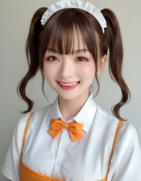 score_9, score_8_up, score_7_up, high quality, masterpiece,
Hight detail RAW color photo, professional photograph,
Cinematic Light, (Composition from the chest up),
japanese girl with Pigtails hair, cute idol, Brown eyes, evil grin,
Orange Maid Waitress uniform, White brim, open-chested white blouse, 
sticking out side tongue, peromilk <lora:peromilk:0.8>