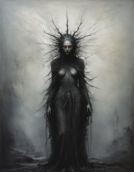 by peter de seve,  (masterful but extremely beautiful:1.4), (masterpiece, best quality:1.4) , in the style of nicola samori, Ethereal wraith, staticlike form, paradoxical presence, 3D, hauntingly abstract, style of Stephen Gammell, fragmented reality, by Francis Bacon, unusual silhouette, wearing a black thorn-crown, shifting textures, grayscale, ghostly presence, photorealism, spectral, high resolution , (brightly ghostly glowing eyes:1.5)
<lora:add-detail-xl:1> <lora:xl_more_art-full_v1:0.5>  <lora:NicolaSamori:0.7>