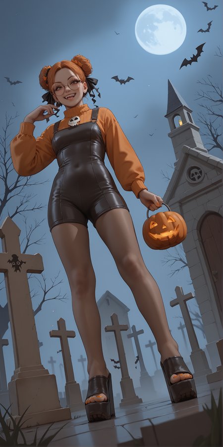 score_9, score_8_up, score_7_up, score_6_up, realistic,
wide angle, standing, low angle, foot focus, from side,
standing,
1girl, dark skin, goth, curly hair buns, round glasses, hair ornament, evil smile, fangs,
ï»¿(mega wedge heels:1.1), platform footwear, (black footwear:1.1),
orange romper, skintight clothing,
halloween scene, fog, cemetery, night,
orange toenail polish,
embedding:zPDXLrl ,
embedding:zPDXL2 ,