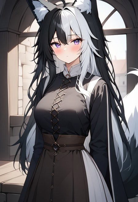 (score_9), (score_8_up), (score_7_up), masterpiece, source_anime, best quality, perfect anatomy, very aesthetic, absurdres, 1girl, ((Nemu, Foxgirl)), medieval, (Black Hair, (Black_Fox_Ears, Black_Fox_Tail, Left White Hair Highlight))