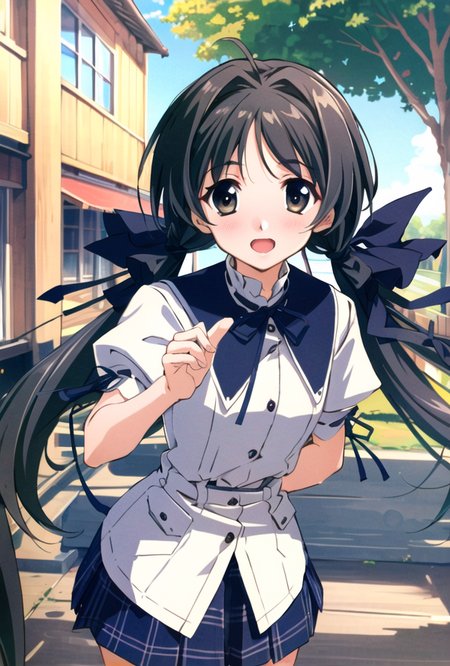 <lora:hotaruShirokawaMemories_v01:0.7>,((shirokawaHotaru)),masterpiece, best quality, extremely detailed, cowboy shot, 1girl, solo, focus on face, (happy face:1), open mouth, outdoors, black_ribbon, hair_ribbon, long_hair, plaid_skirt, puffy_short_sleeves, twintails,