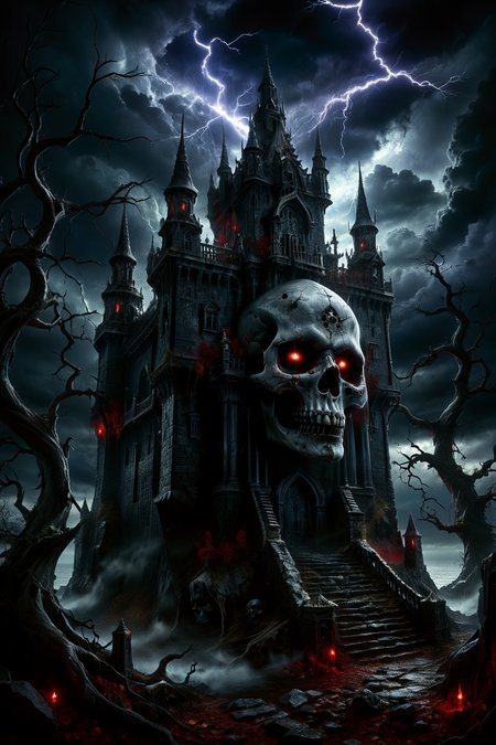 (Cinematic 8k high quality photo, intricate details:1.2), a fortress shaped like a skull, set in a dark and stormy night, eerie atmosphere, ominous clouds with flashes of lightning illuminating the scene, gothic architecture with menacing spires and towers, detailed stone textures, eerie glowing eyes in the skull, surrounding landscape of twisted, barren trees, thunderbolts splitting the sky, shadows casting haunting shapes, capturing a sense of dread and foreboding.
<lora:ral-mtclniscp-sdxl:0.8> ral-mtclniscp,
<lora:add-detail-xl:1.0>,
<lora:EnvyBetterHiresFixXL01:1.0>,
<lora:extremely_detailed:1.0>, extremely detailed,
<lora:gorgoeus_splash_of_vibrant_paint:0.7> Gorgeous splash of vibrant paint,