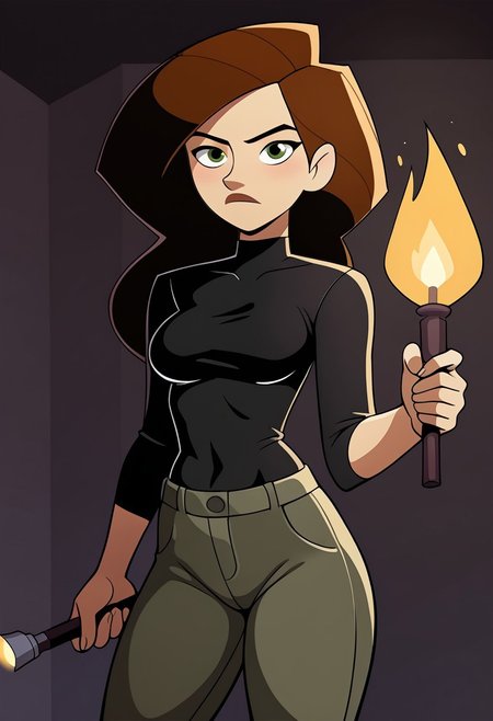 mangamaster, kim possible, black skintight shirt, cargo pants, dark room, holding torch, torch on, from slight angle, solo, slightly frightened,