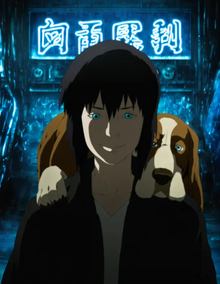 best quality, highres, absurdres, masterpiece,
1girl, kusanagi motoko, blue eyes, black hair,   dog, basset hound, on shoulder, shadow, cinematic, anime screenshot,  smile,  indoors, neon lights, 
(artist: sabudenego:0.4), (artist: abara heiki:0.4),  (by soejima shigenori:0.4), 
 <lora:GITS 2 innocence Illustrious:0.7>