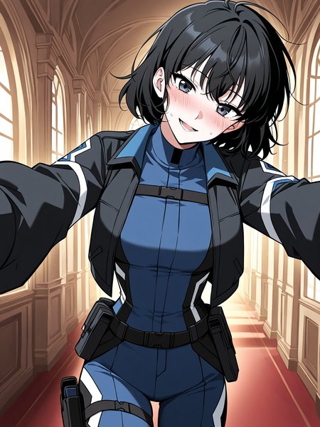 <lora:Omniscient Reader's Viewpoint _ Han Sooyoung_epoch_7:1>
1 girl, solo, short hair, messy hair, black hair, black eyes, 
blue bodysuit, black short jacket, tactical outfit, long black boots, utility belt, black gloves, holster on thigh, white and black accents, skin-tight suit, 
score_9, score_8_up, score_7_up, score_6_up, source_anime, rating_explicit, 1girl, solo, smile, embarrassed, alcalose eyes, open mouth, mansion, indoors, looking at viewer, outstretched arms, pov, close-up, (head tilt:1.2)