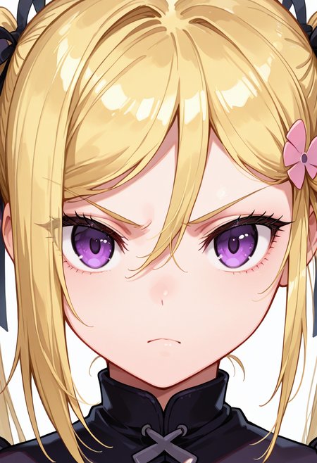 masterpiece, best quality, 1girl, solo, eyelashes, (beautiful eyes),    zzMafuyu, purple eyes, blonde hair, hair between eyes, long hair, twintails, ribbon, hair ribbon,  looking at viewer, closed mouth, v-shaped eyebrows, frown, portrait, close-up, serious, >:(,  ,<lora:OrifushiMafuyu_IXL:1.0>,