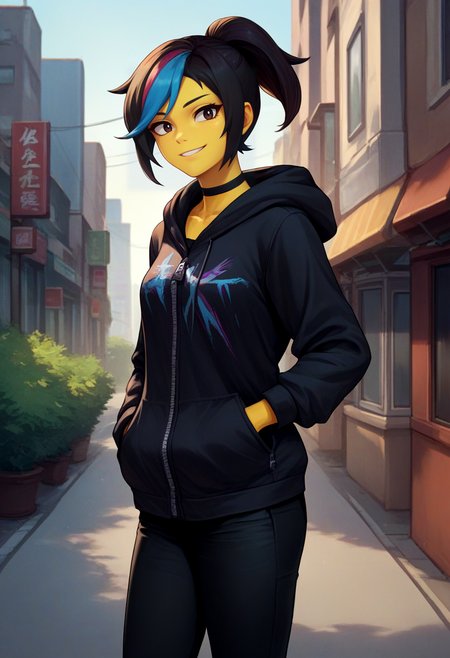 score_9, score_8_up, score_7_up, source_anime, solo, 1girl, wyldstyle, yellow skin, smile, looking at viewer, standing, hand in pocket, ponytail, black hoodie, long sleeves, black pants, choker, outdoors, city street <lora:legomovie_wyldstyle_ponyXL:1>