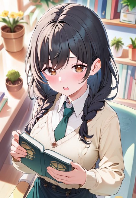 score_9,score_8_up,score_7_up,<lora:PDFA_Style5118164398:1>,1girl,solo,looking at viewer,blurry,:o,black hair,blonde hair,blurry background,blush,book,braid,brown eyes,buttons,collared shirt,depth of field,dress shirt,flower,from above,holding,holding book,indoors,long hair,long sleeves,necktie,on chair,open book,open mouth,plant,potted plant,shirt,sidelocks,sitting,standing,sweater,teeth,turtleneck,turtleneck sweater,twin braids,upper body,upper teeth only,white shirt