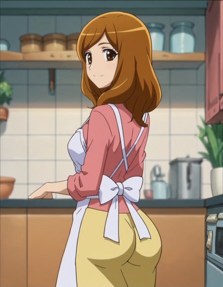 score_9, score_8_up, score_7_up, anime screencap, solo,1girl,kisechiharu, smile,  looking at viewer,  apron, medium breasts, from behind,huge ass,cowboy shot<lora:kisechiharu:0.8>,